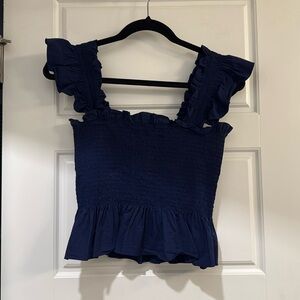 Hill House The Ellie Crop Top Navy Blue Linen Smocked Women’s Size M